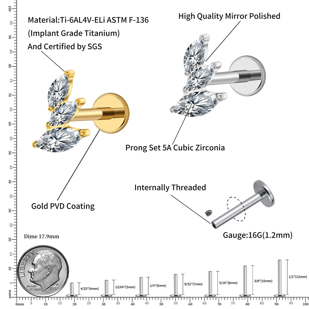 ASTM F136 Titanium Marquise Cluster Stud (16G) - Flat Back