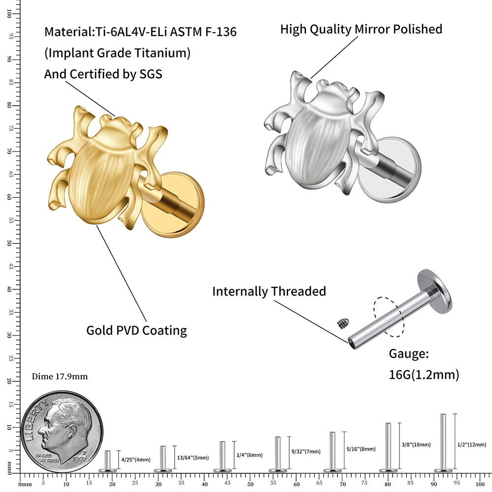 ASTM F136 Titanium 16G Scarab Beetle Cartilage Stud Earring Internally Threaded Insect Helix Earlobe Labret Piercing