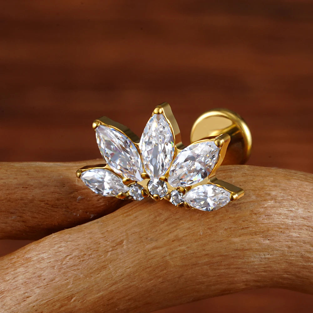 ASTM F136 Titanium 16G Marquise Lotus CZ Flower Flat Back Stud Labret Tragus Helix Cartilage Conch Earring Piercing