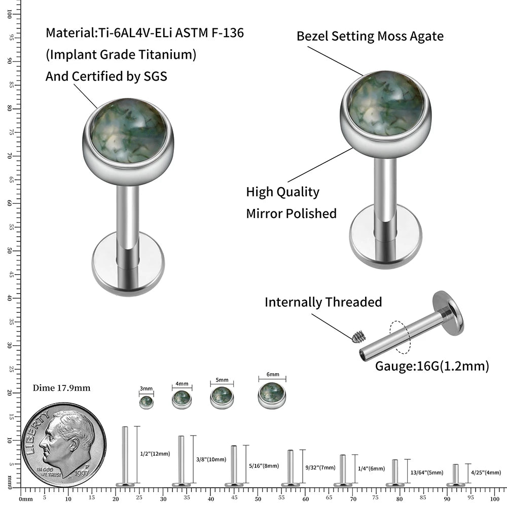 ASTM F136 Titanium Natural Moss Agate Stud (16G)