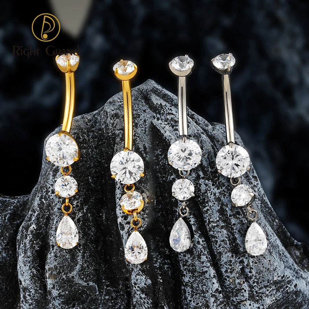 ASTM F136 Titanium 14G Teardrop CZ Dangle Belly Button Navel Ring Dangling CZ Statement Navel Piercing Body Jewelry