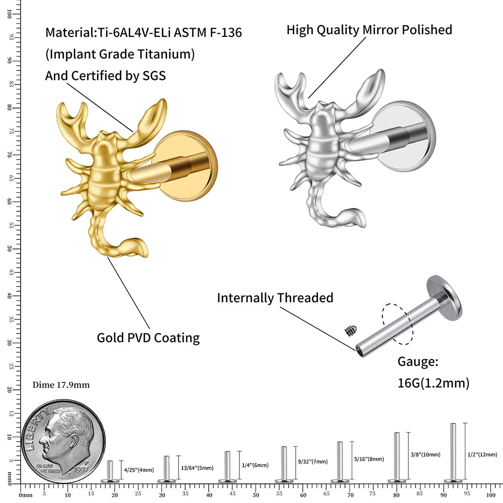 ASTM F136 Titanium 16G Scorpion Labret Stud Flatback Zodiac Earring Tragus Cartilage Helix Piercing Body Jewelry